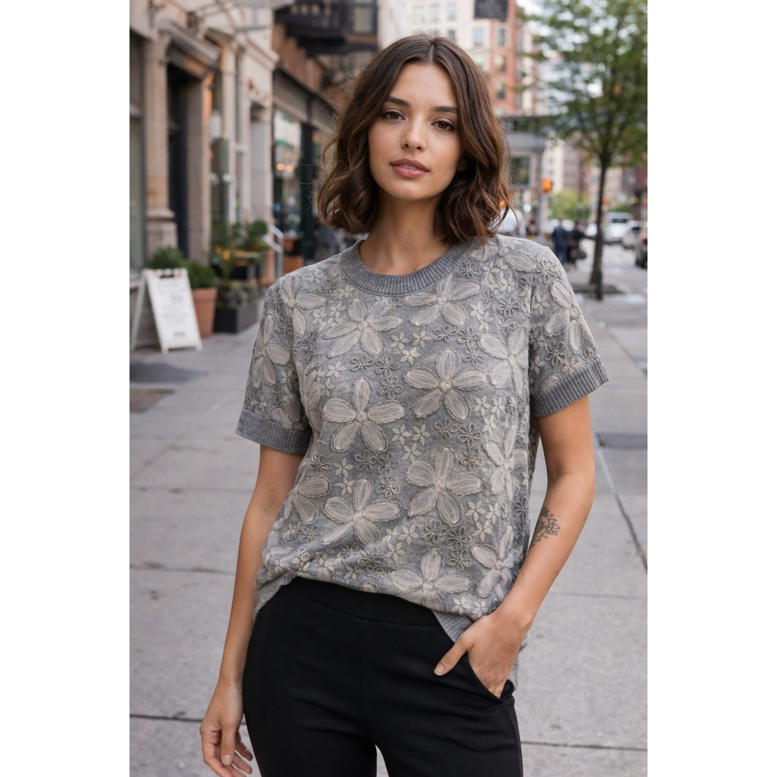 Anthropologie Gray Floral Sequin Embroidered Shortsleeve Knit Sweater Small Boho